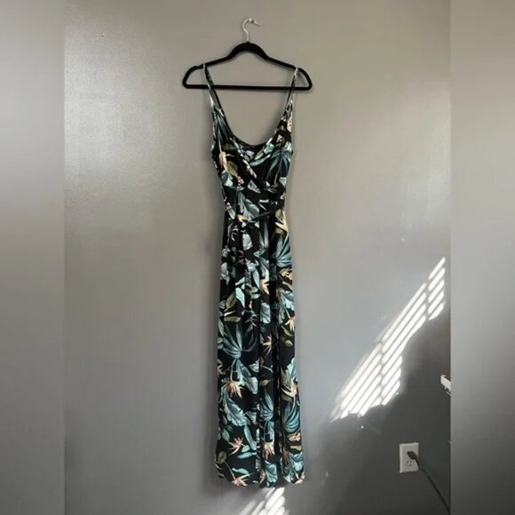 Tropical Print Wide Split Leg Wrap Front Jumpsuit - Picture 3 of 4
